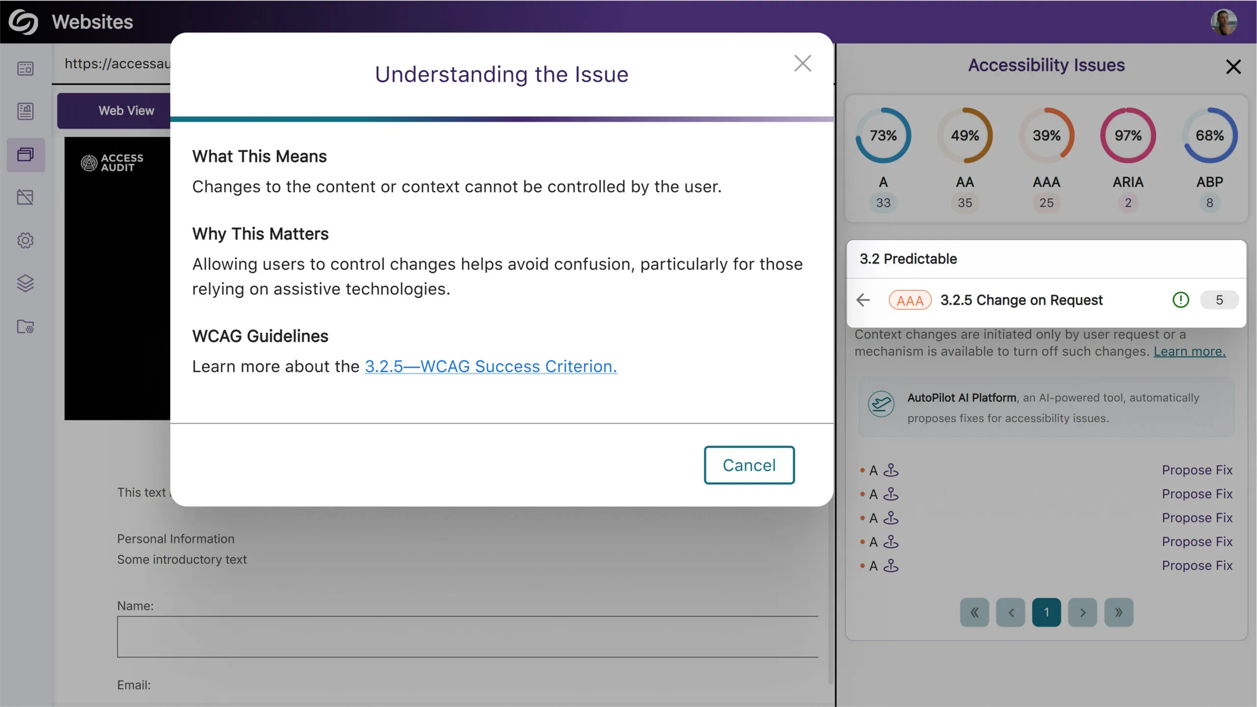 An image in the Accessibility Issues page showing the Change On Request issue. 