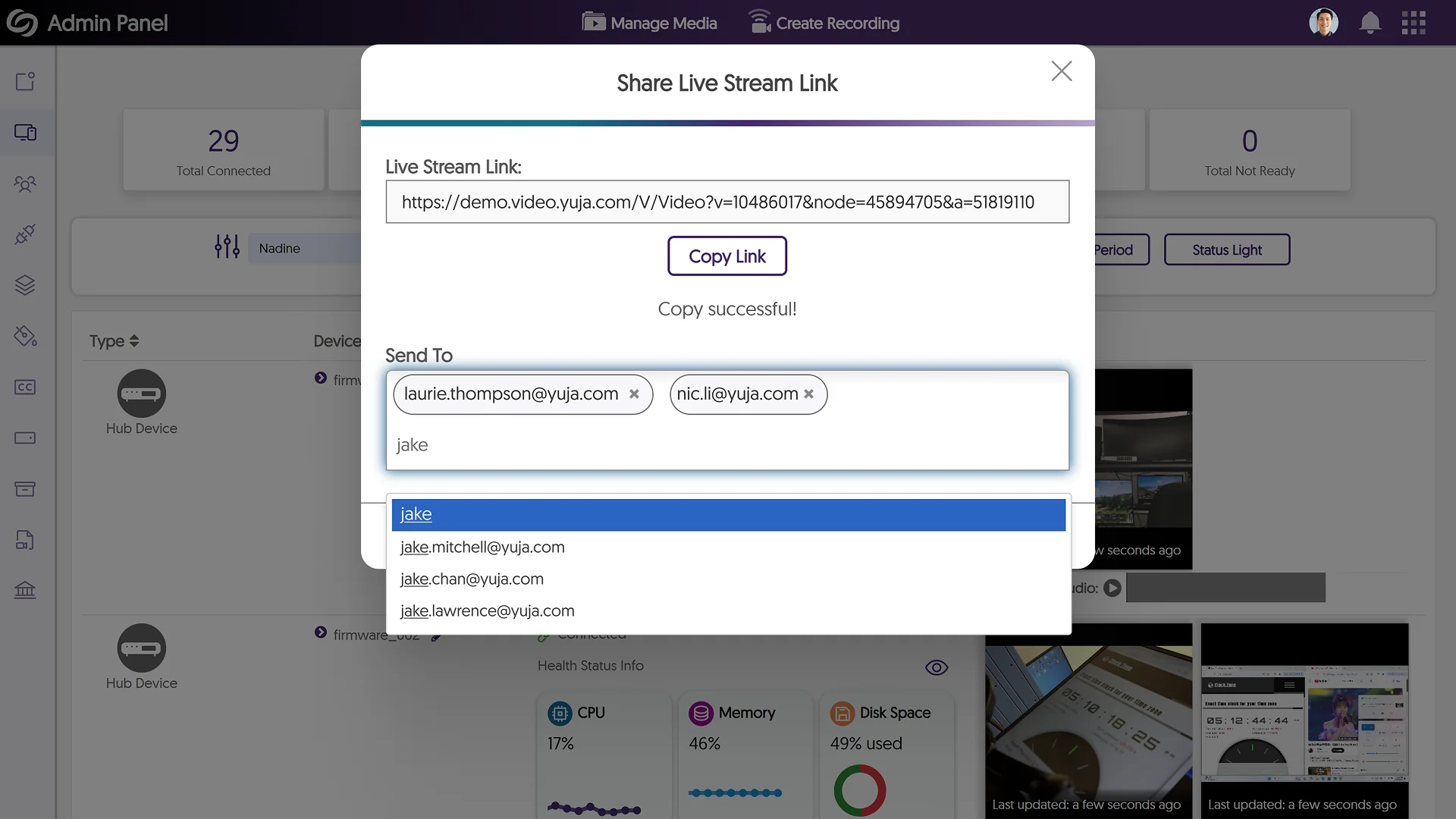 An image of the Share Live Stream Link window in EVP.