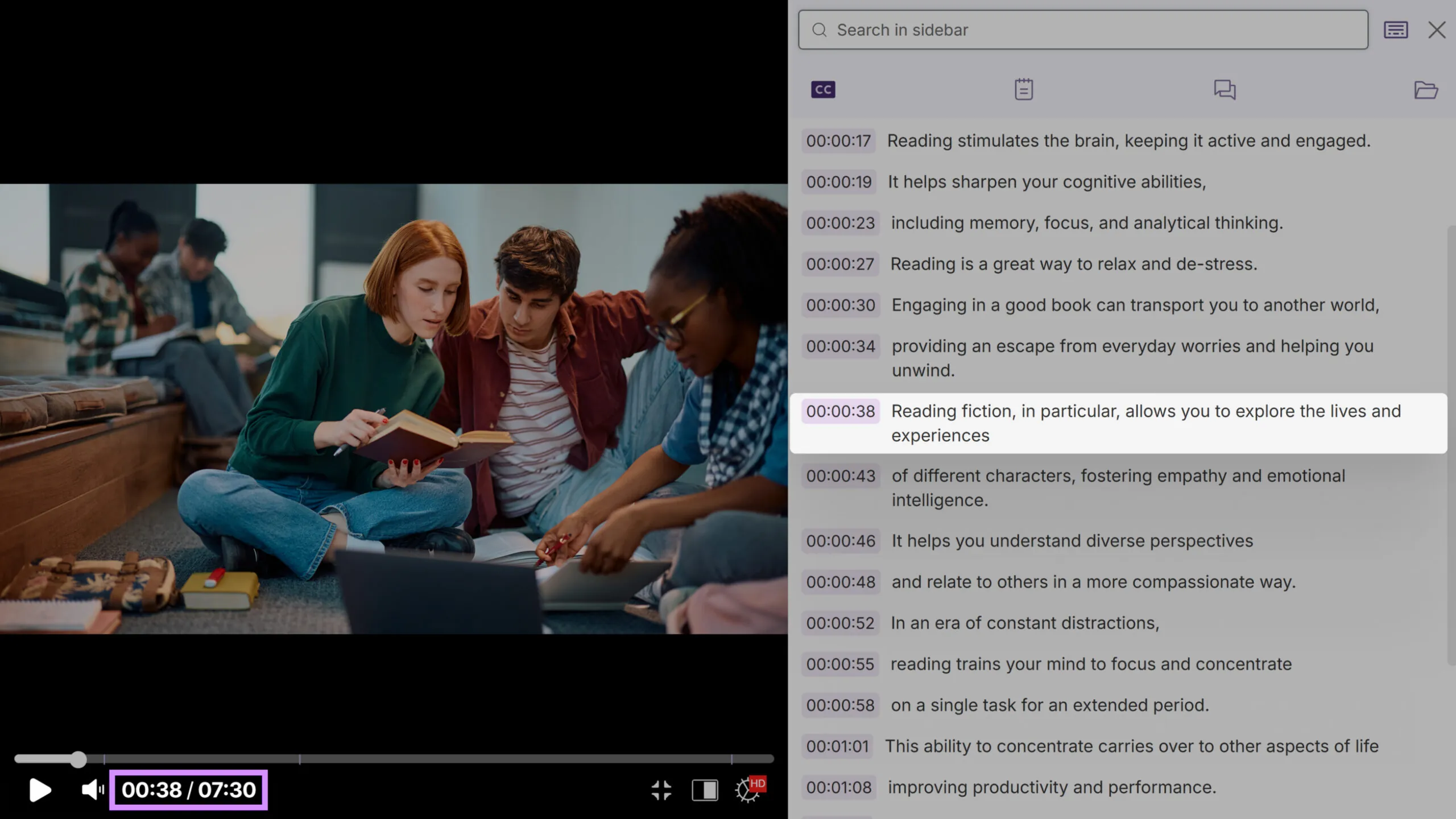 Enhanced highlighting automatically tracks the user's position during playback, while clicking any content item instantly seeks to that timestamp.