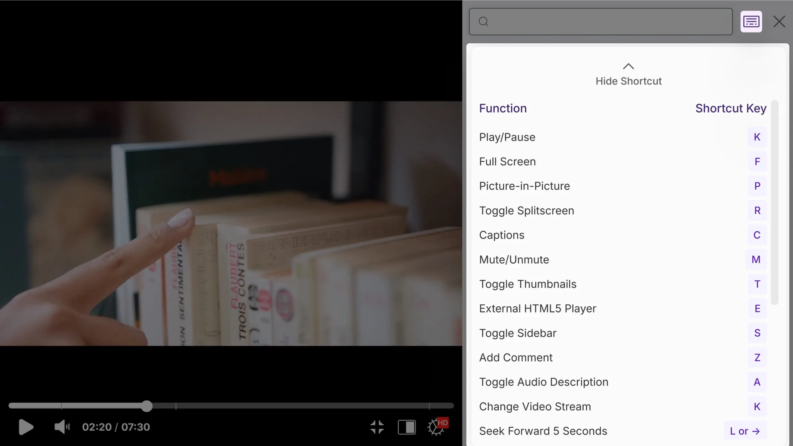 Comprehensive keyboard-shortcuts reference to help viewers navigate videos more efficiently.