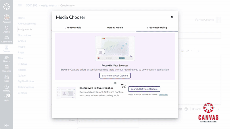 Integrated Browser Capture: An enhanced Browser Capture integration for Canvas, D2L, and Blackboard loads and processes recordings inline, enabling users to record videos directly within the Media Chooser without leaving their LMS.