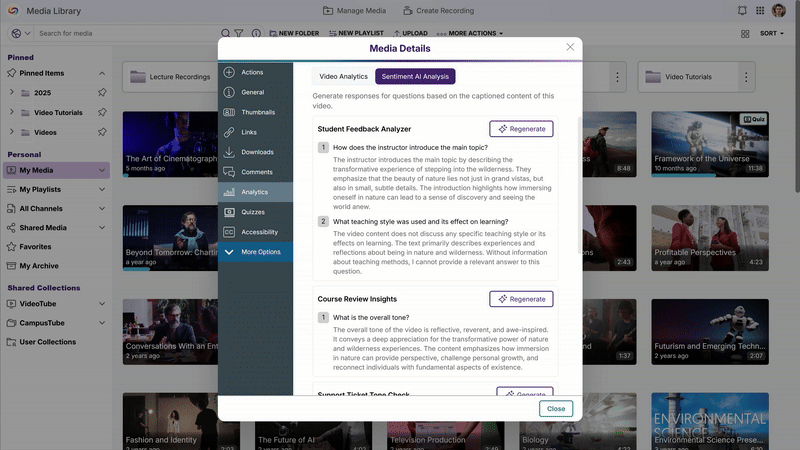 Integrated Analytics Dashboard: Results will be displayed through a new Sentiment AI tab in video analytics and the GenAI Analytics page, providing both individual video insights and aggregate data visualization.