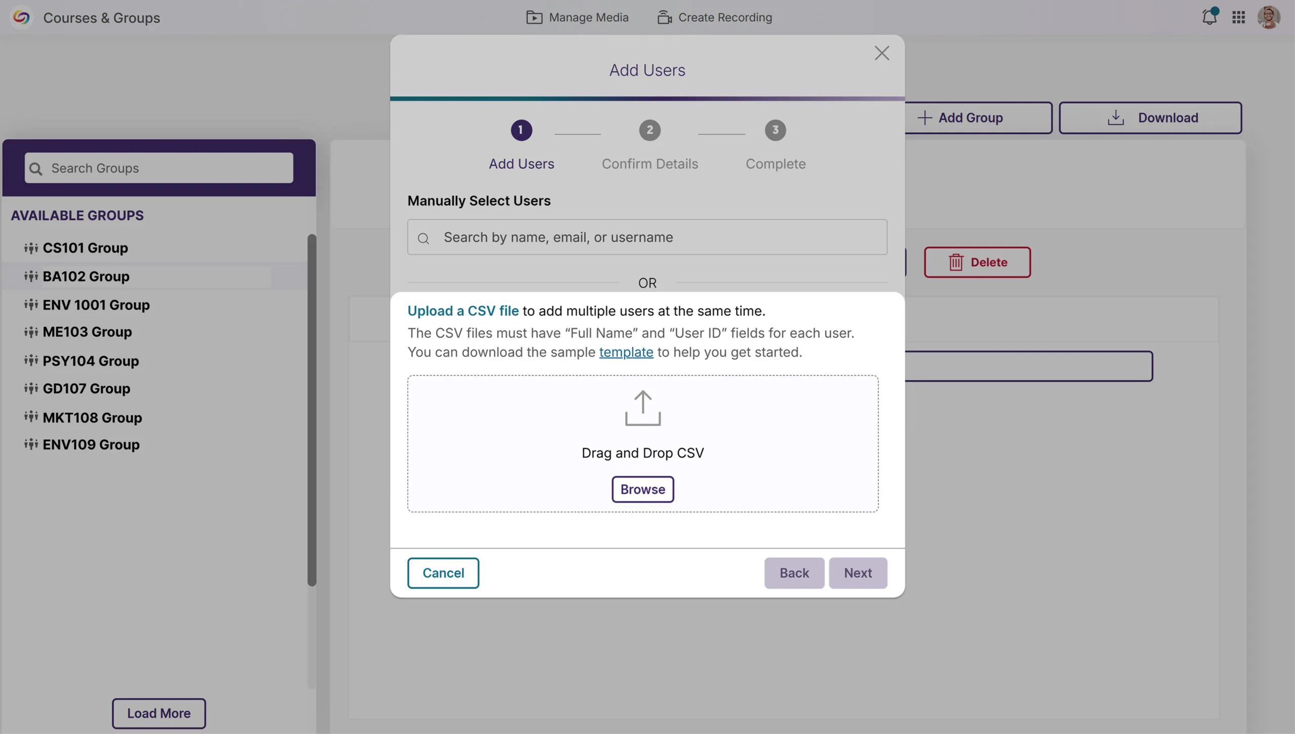 Ability to bulk upload users into groups for improved management is showcased.