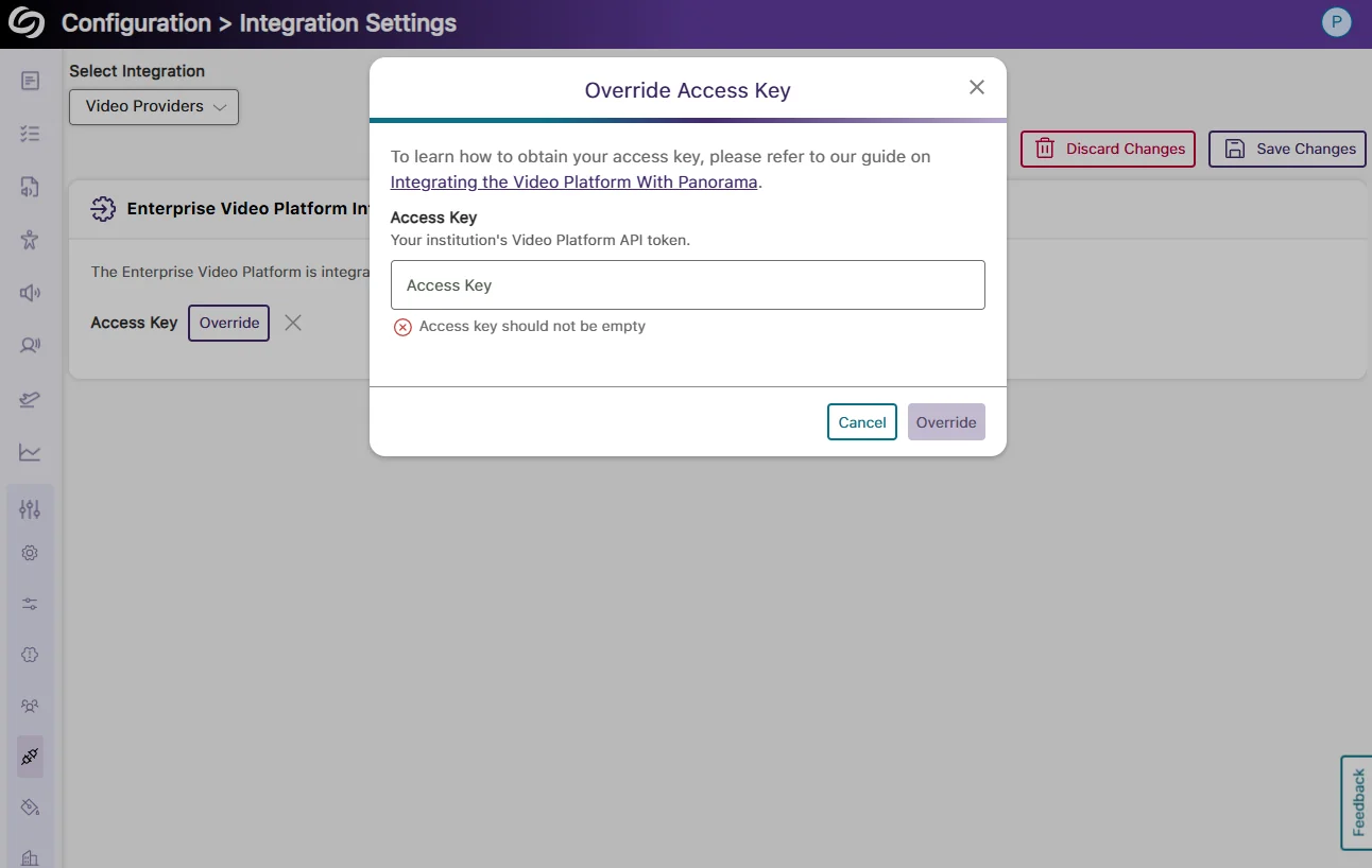 The Integration Settings page highlighting the Override Access Key window, where you can integrate YuJa Panorama with the Video Platform to scan the accessibility issues of your videos.