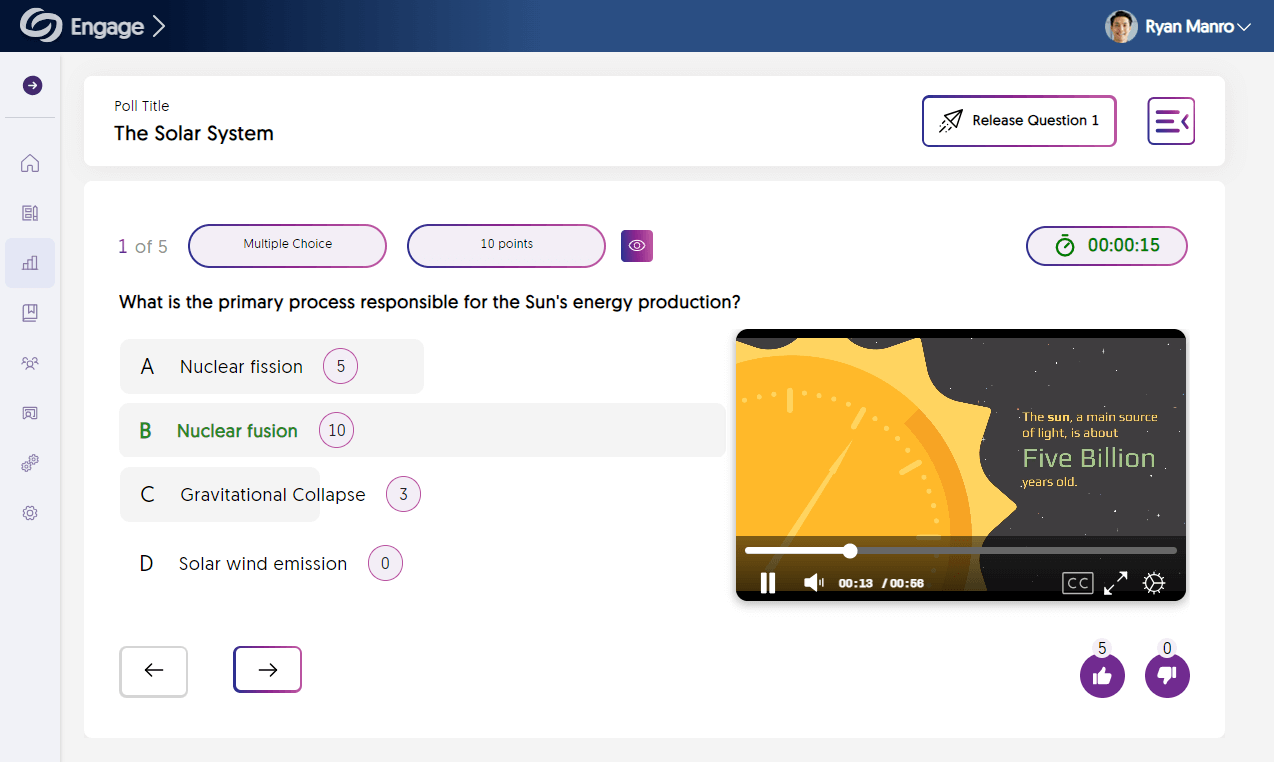 A multiple choice question with a video is shown in YuJa Engage SRS. 
