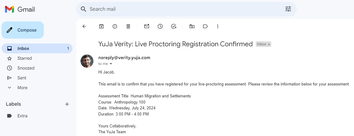 An email sent to a student confirming their registration. 