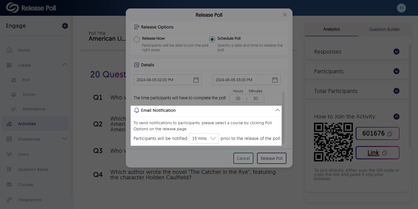 Release Poll modal showing option to send an email notification. 
