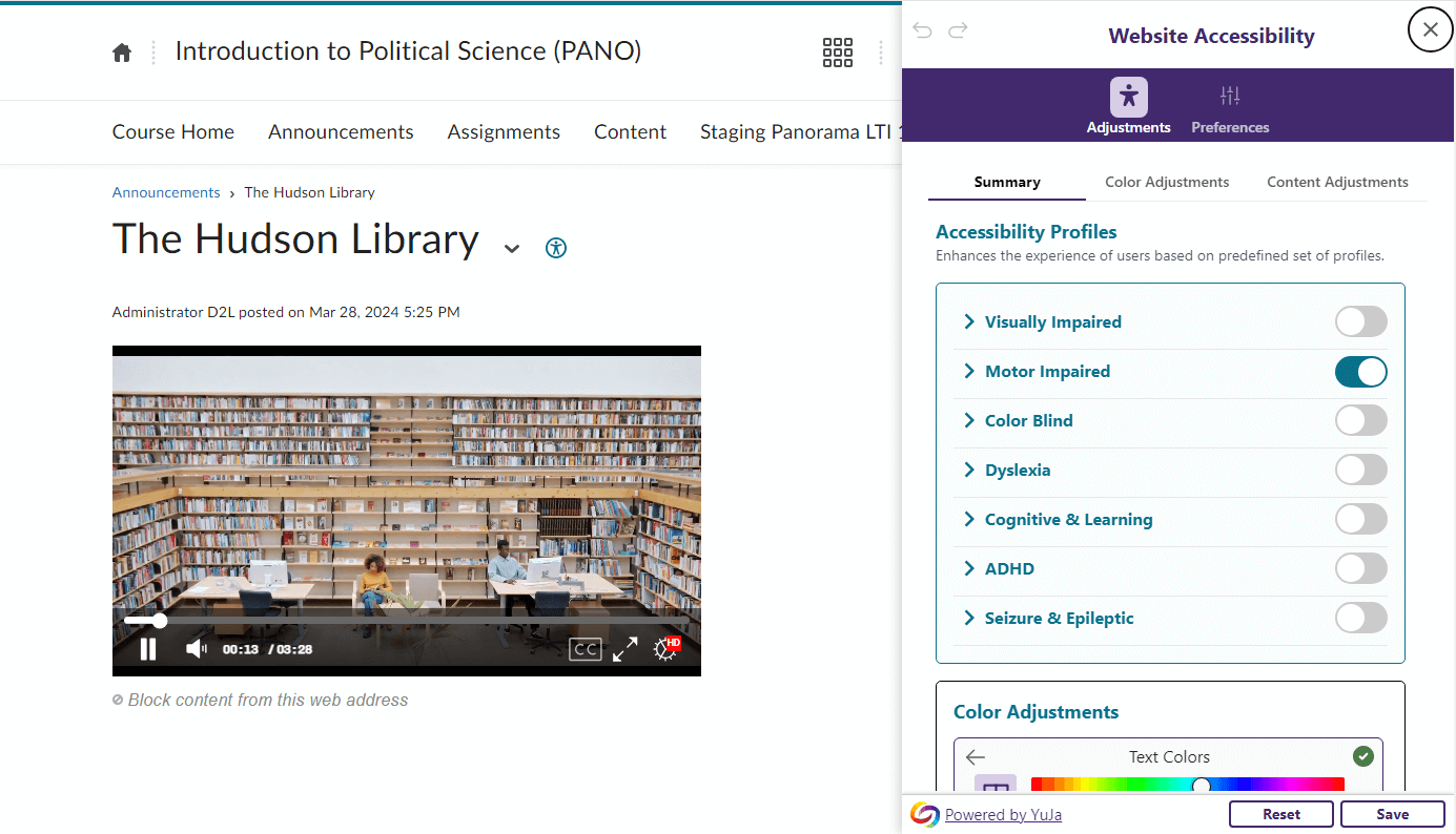 The YuJa Panorama Website Accessibility Widget open in the D2L Brightspace LMS.
