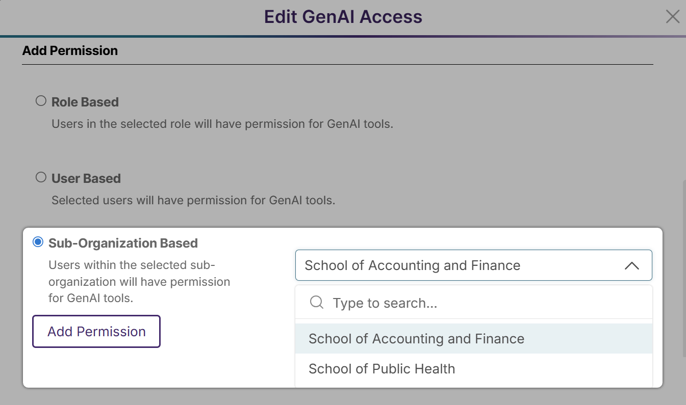 The Edit GenAI Access popup open to show permissions. A settings bullet titled, Sub-Organization Based, is highlighted and showing the School of Accounting and Finance getting permission for GenAI tools..
