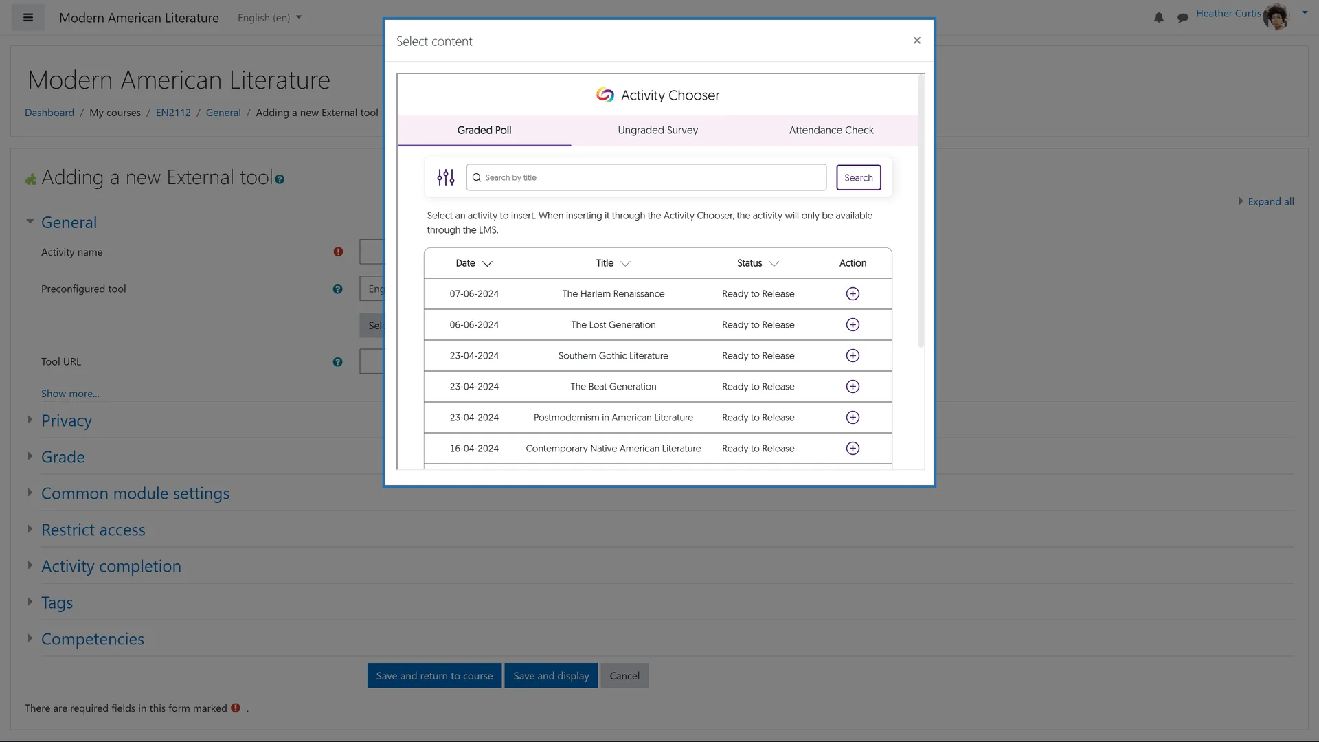 The Activity Chooser open in the Moodle LMS.