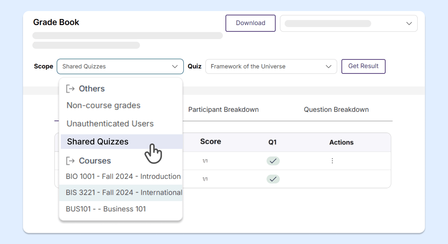 Mid-fidelity prototype of the Grade Book in YuJa Lumina, now allowing users to access Shared Quizzes.