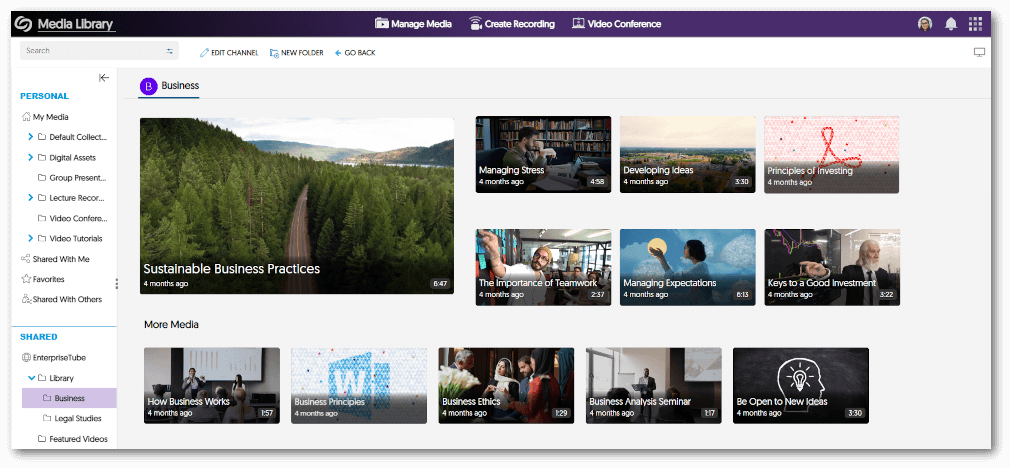A folder within the EnterpriseTube featuring a gallery view of videos and documents.