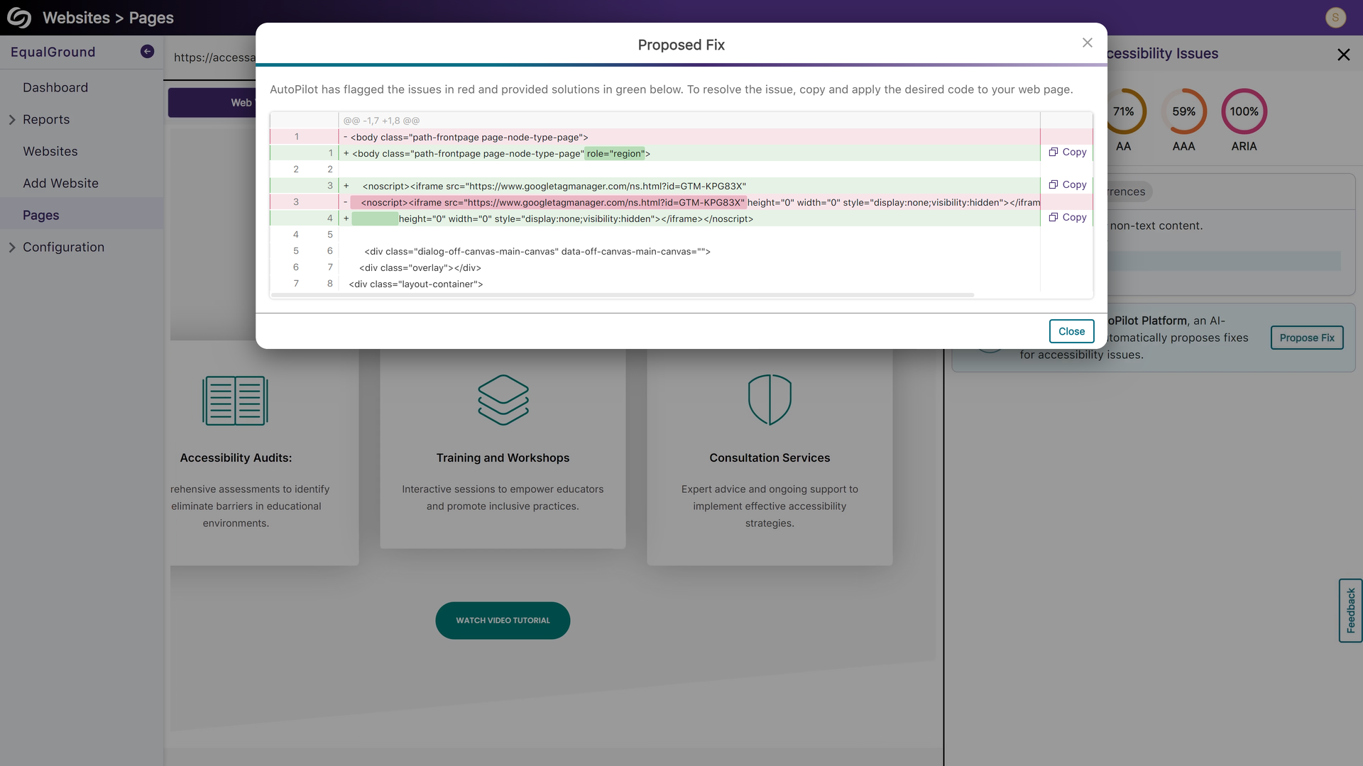YuJa EqualGround AutoPilot's Proposed Fix Screen.          