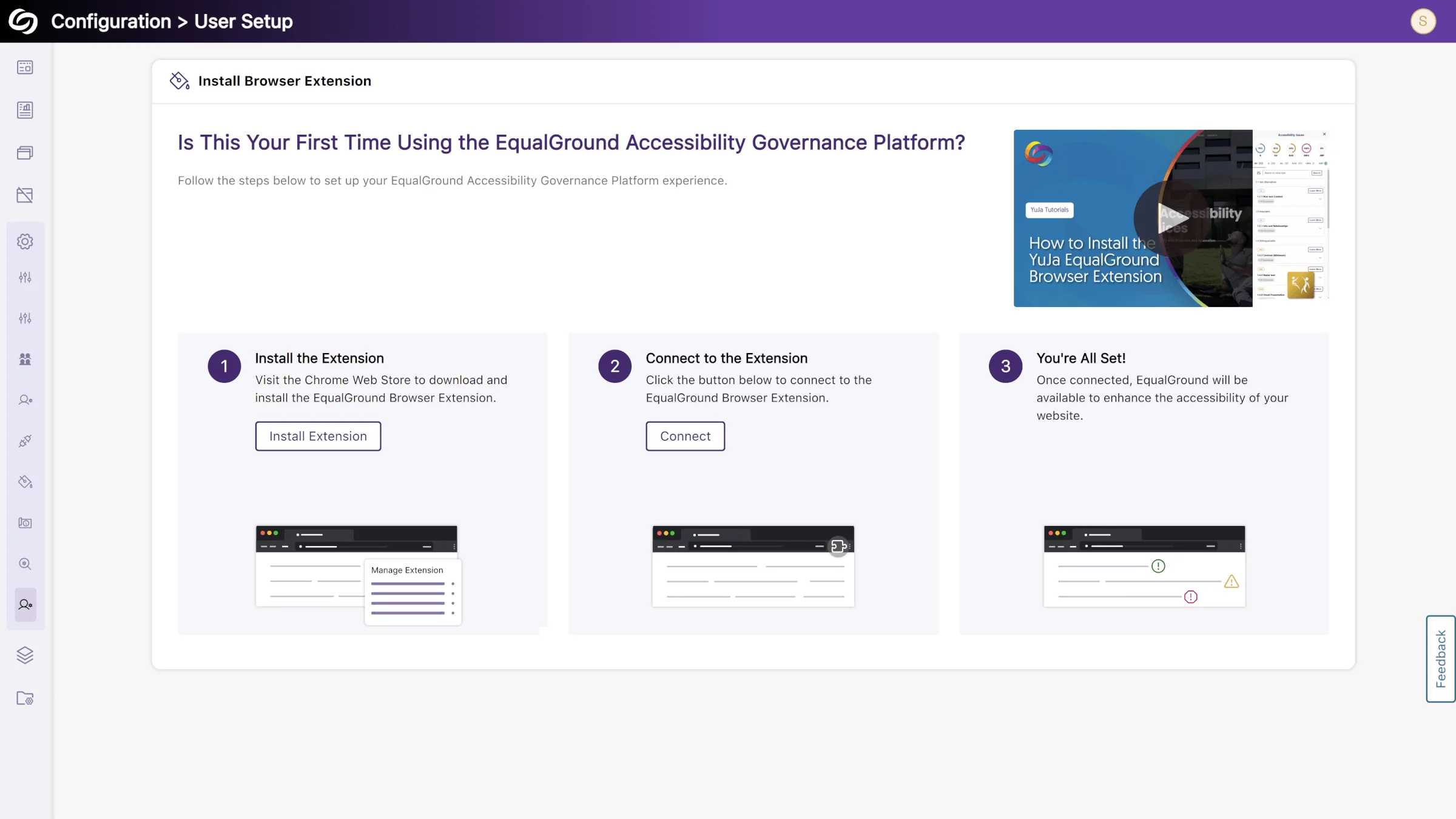 The User Setup page in YuJa EqualGround, featuring instructions on how to download the Browser Extension.