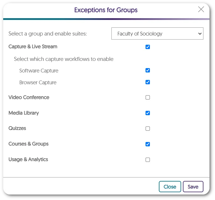 The Exceptions for Groups modal shows a list of suites that can be enabled for a selected group. 