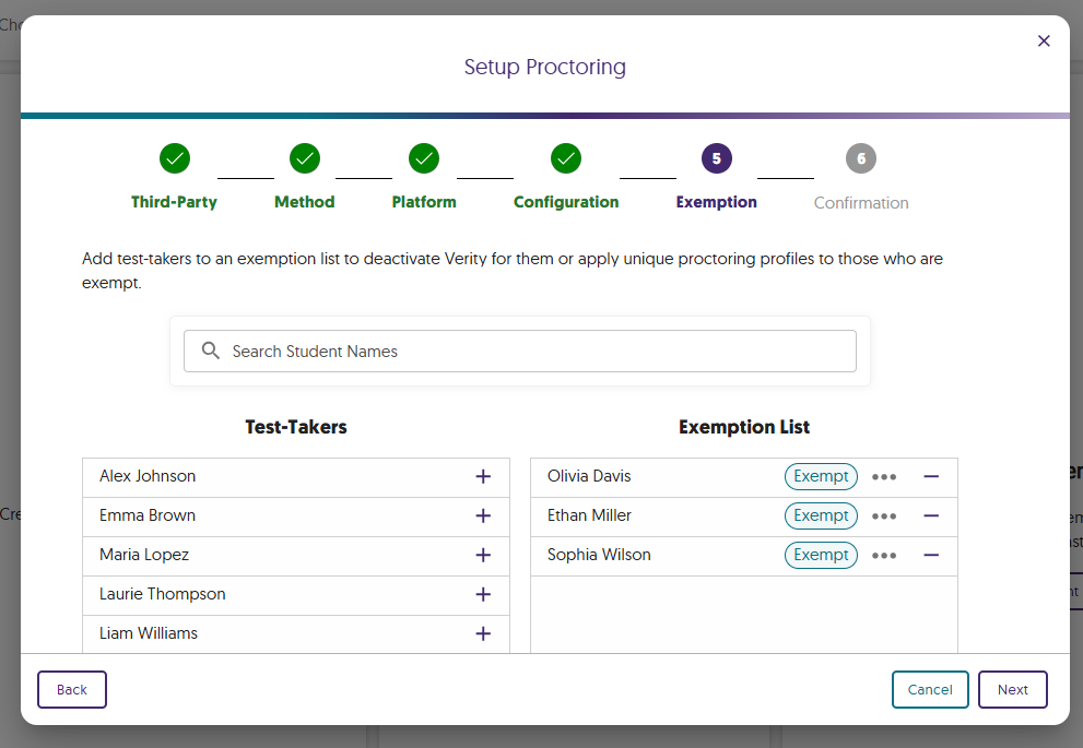 An image of proctoring set up window highlighting the creation of exemption list in the Lockdown App.