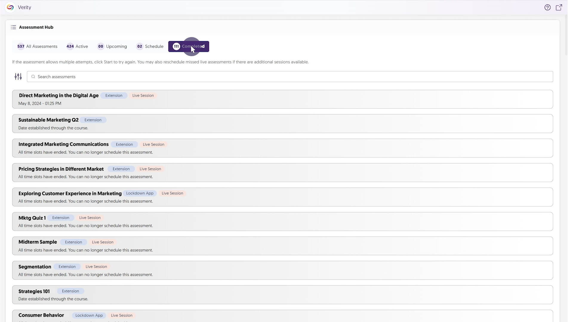 The new Live Proctoring Schedule page with an organized tabular view of live sessions.