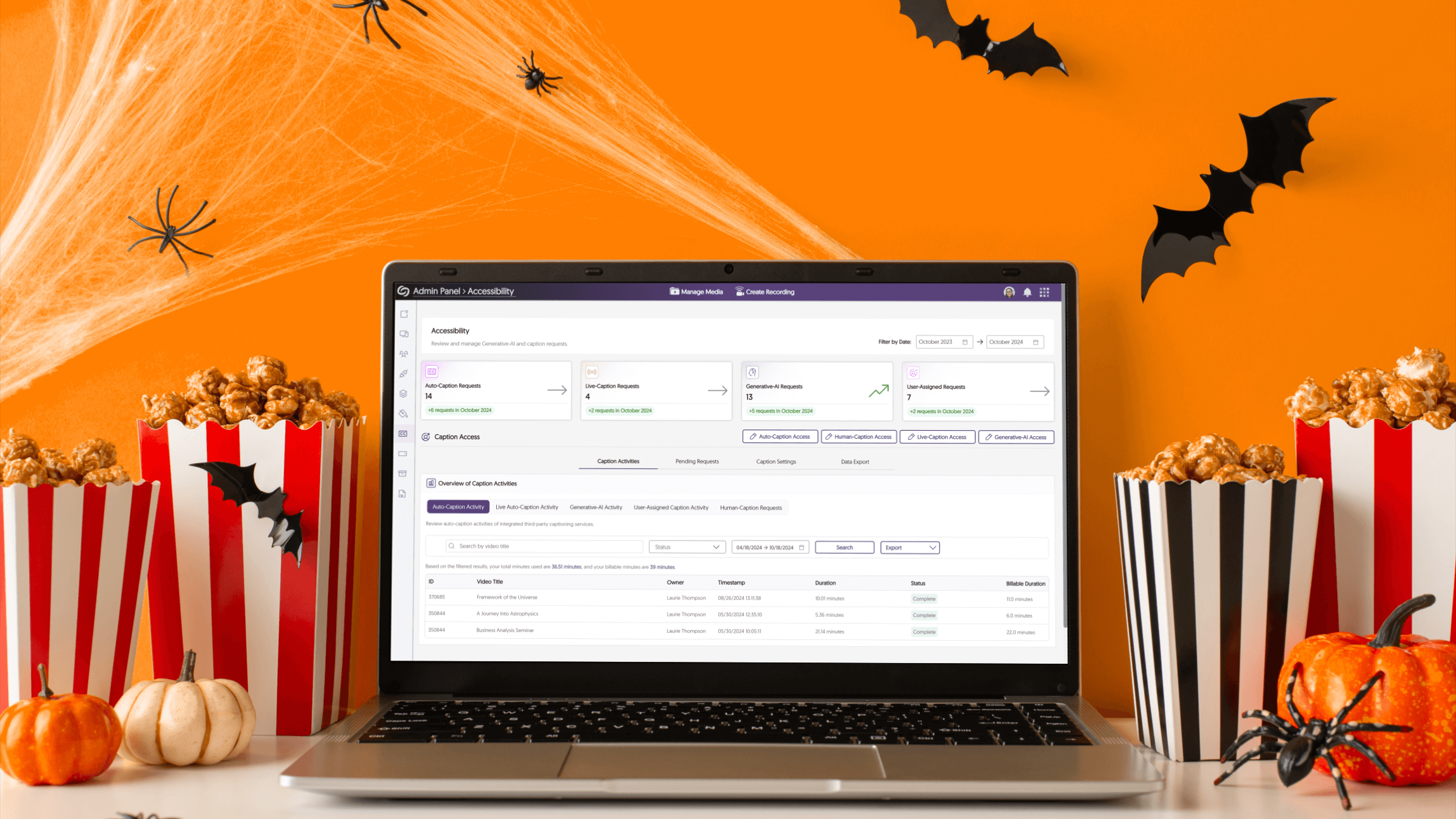 A laptop shows off the new Accessibility page within the Admin Panel, surrounded by Halloween decorations.