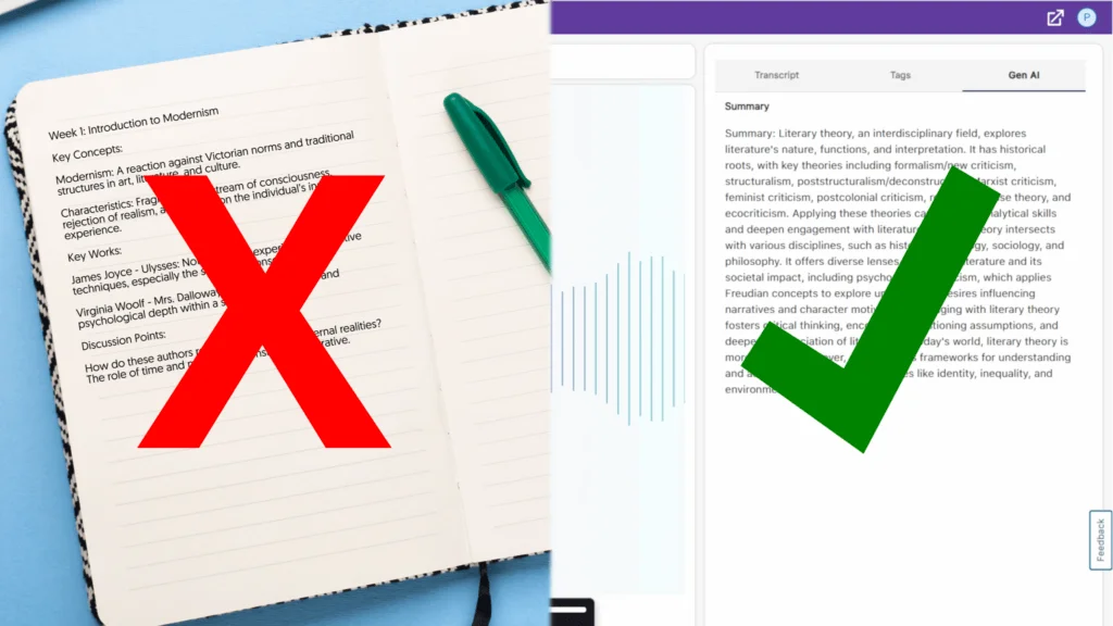 A split-screen, with handwritten notes with an X over it and AccessNotes with a checkmark over it.