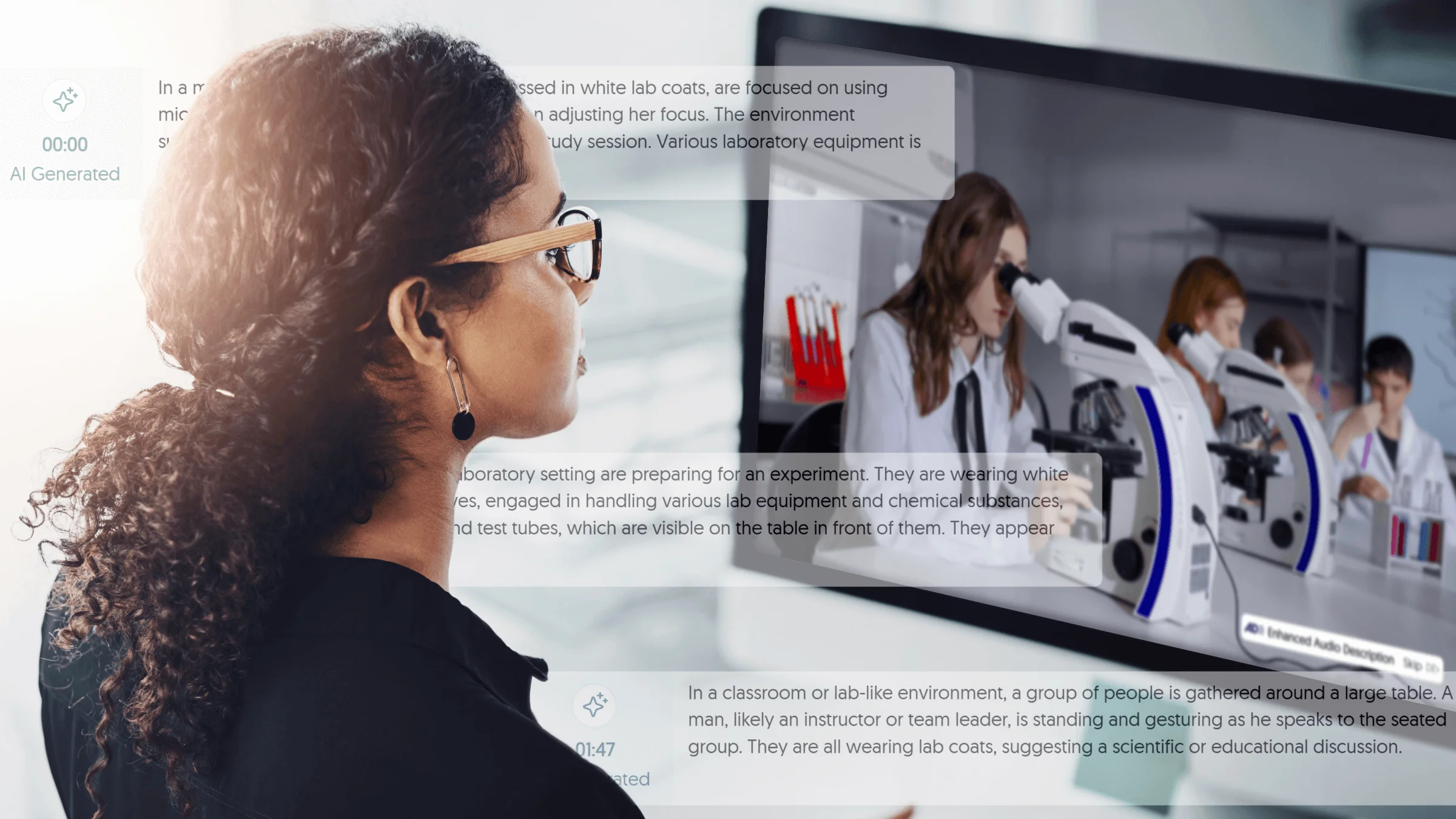 A young woman uses AI-Generated Enhanced Audio Descriptions while watching an educational video on biology. Text samples are overlayed as examples.