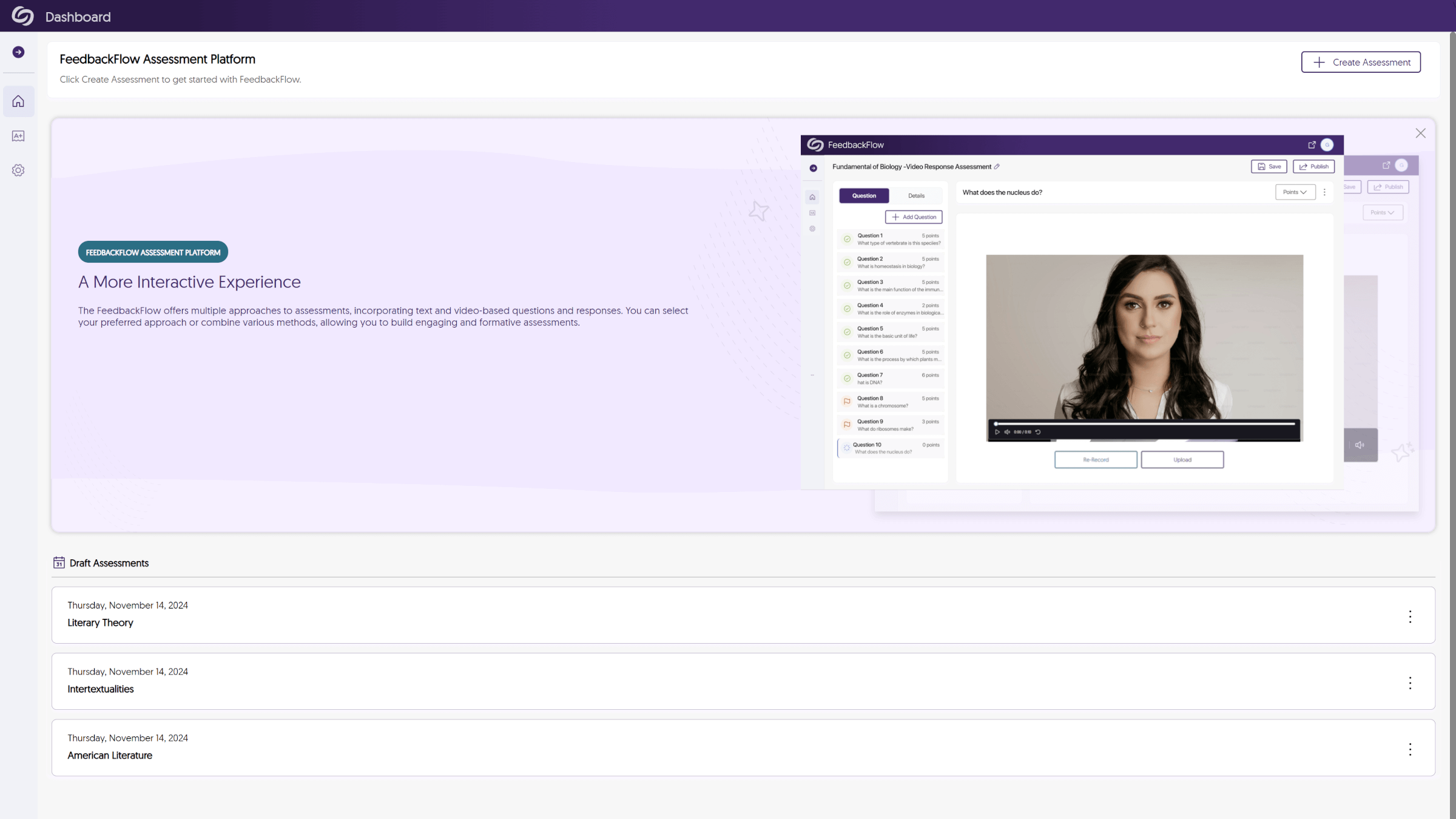 The home page for the YuJa FeedbackFlow Assessment Platform.
