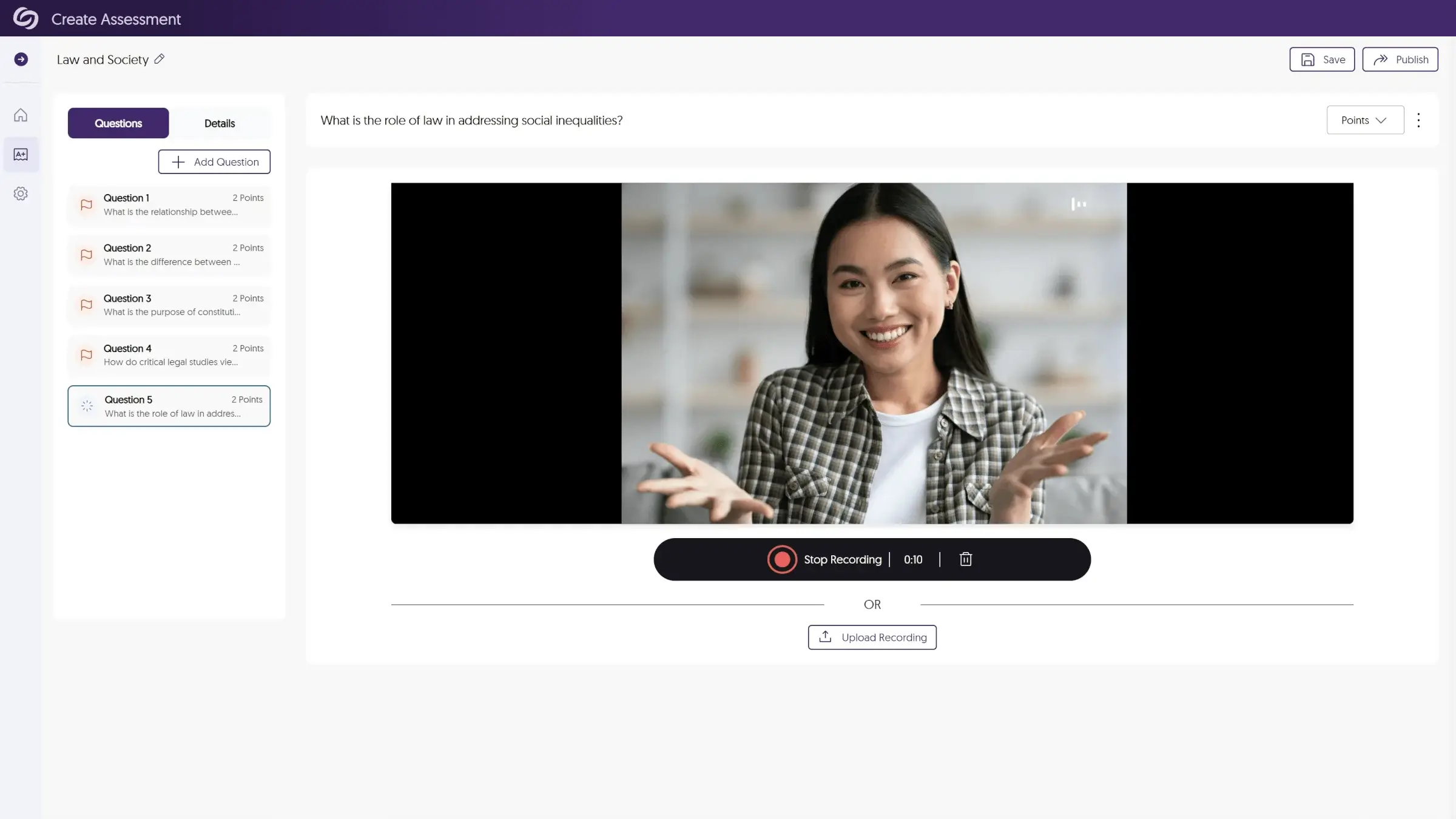 A video screen with a woman recording video assessment feedback.