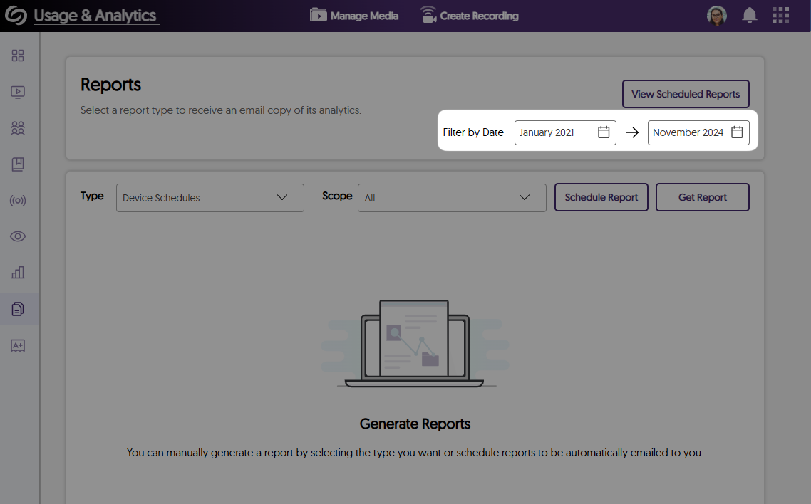A view of filtering user reports by date in the Video Platform.