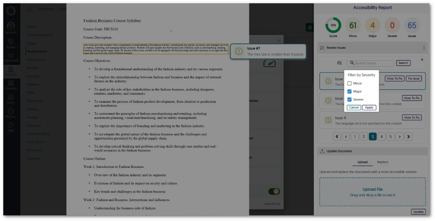 Option to filter issues by severity type in the Accessibility Report.