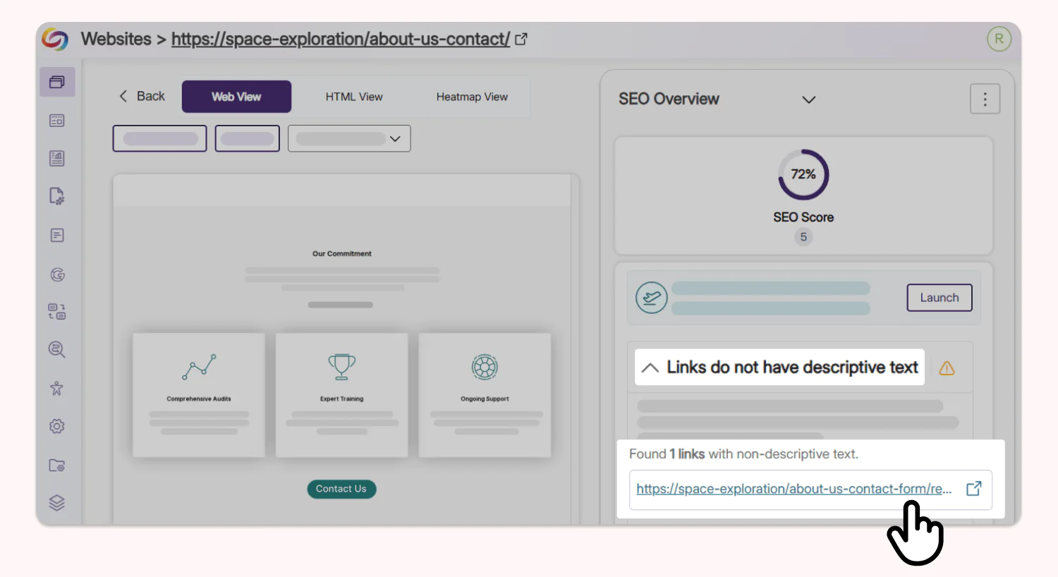 Mid-fidelity prototype of the a clickable link in the SEO Overview panel for a website in YuJa EqualGround