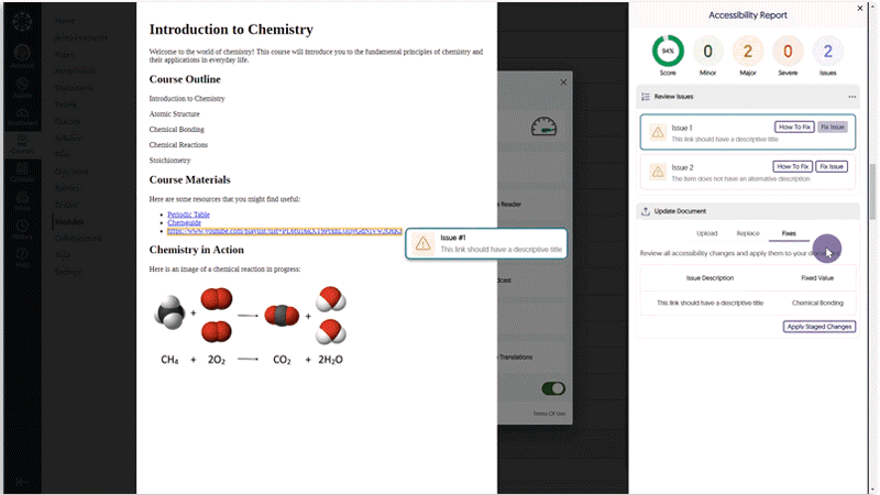 HTML document issues are resolved in the Accessibility Report.