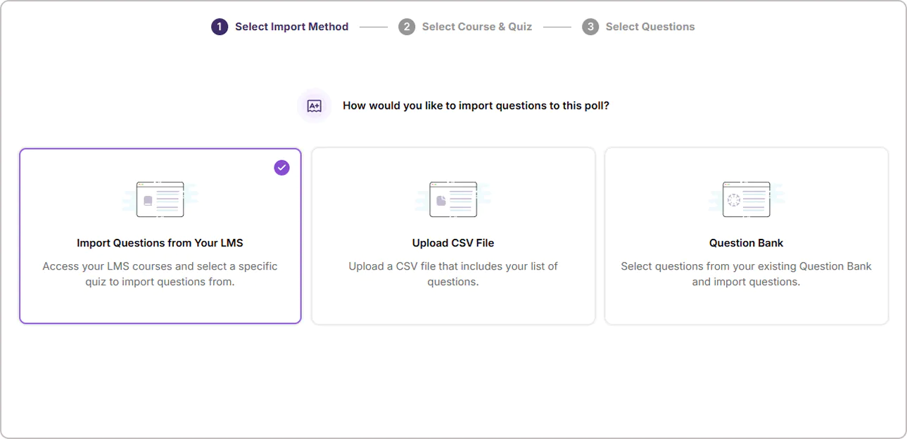 Import Questions options featuring import from LMS, upload CSV, and Question Bank.