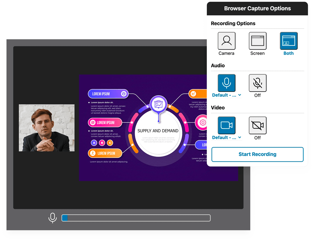 The YuJa In-Browser Capture studio is shown with a presenter and their presentation material.