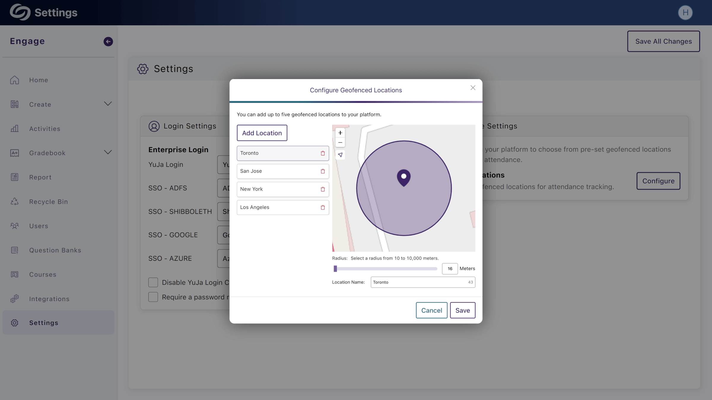 Default geofence locations for an institution, featuring Toronto, San Jose, New York, and Los Angeles.