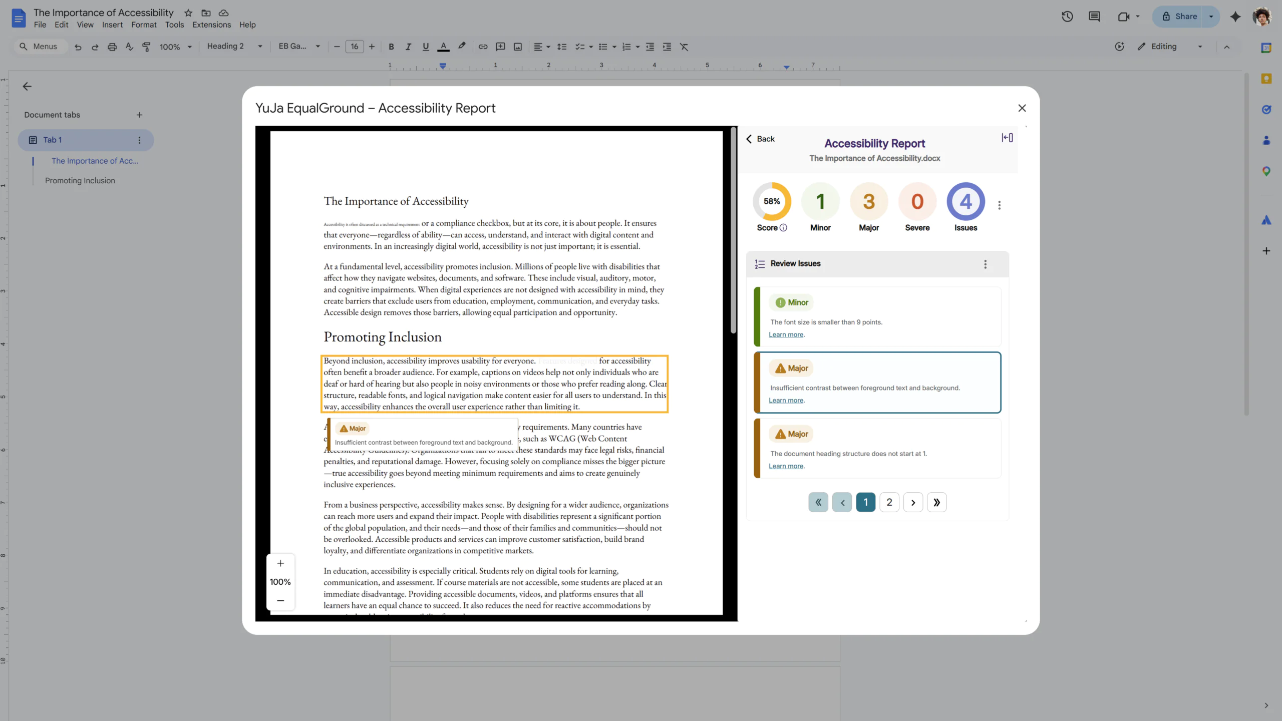 EqualGround Accessibility Report in a Google Doc
