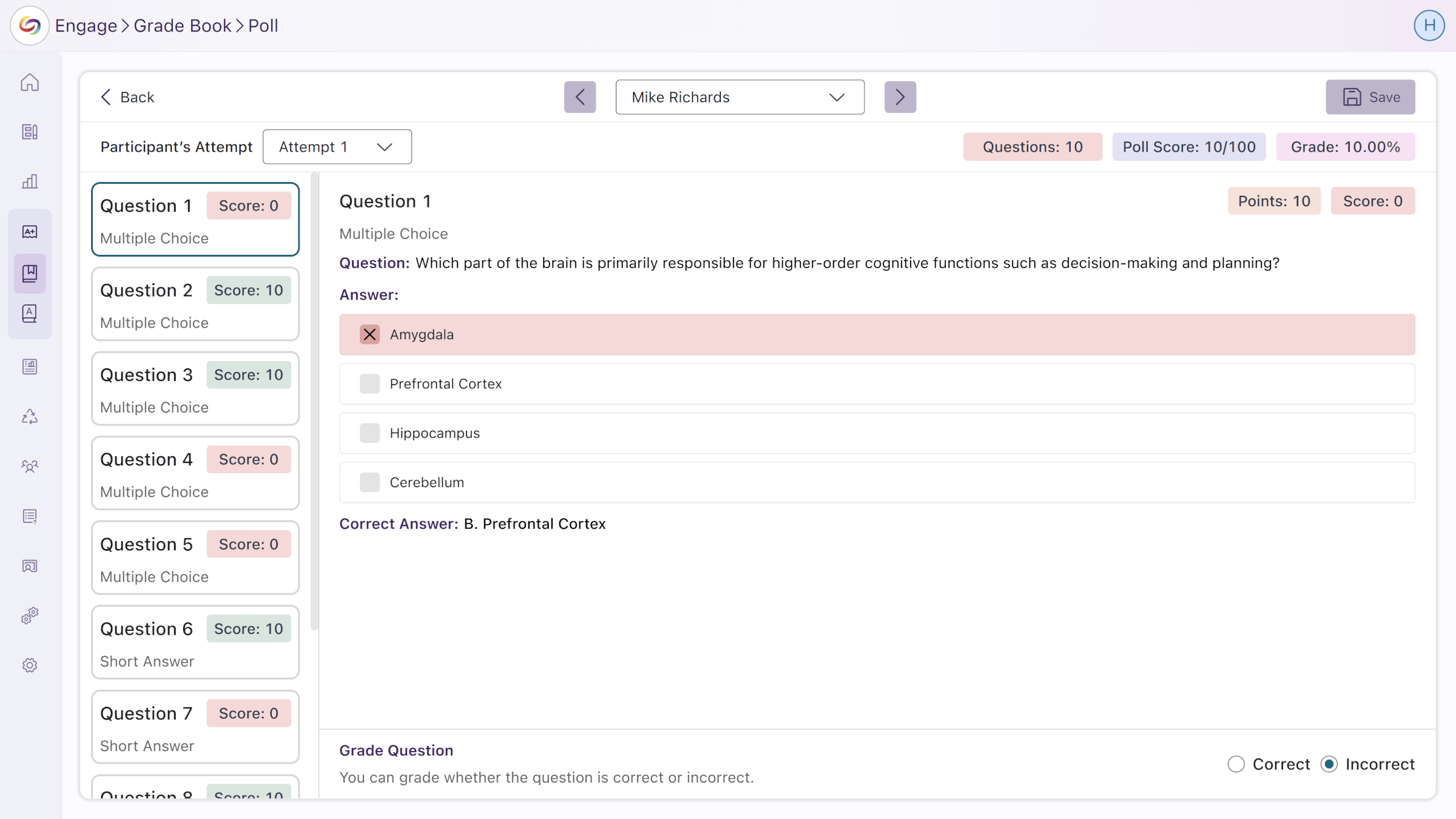 The grade book displays correct answers alongside participant responses.