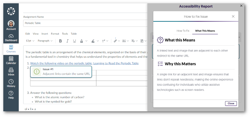 WYSIWYG editor with Panorama’s Accessibility Report detecting issues for HTML Content.