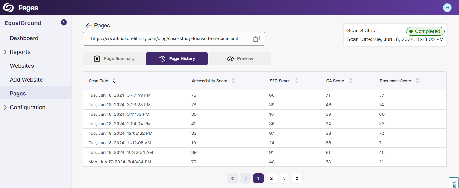 A table showing previous scores a web page had for past scans.