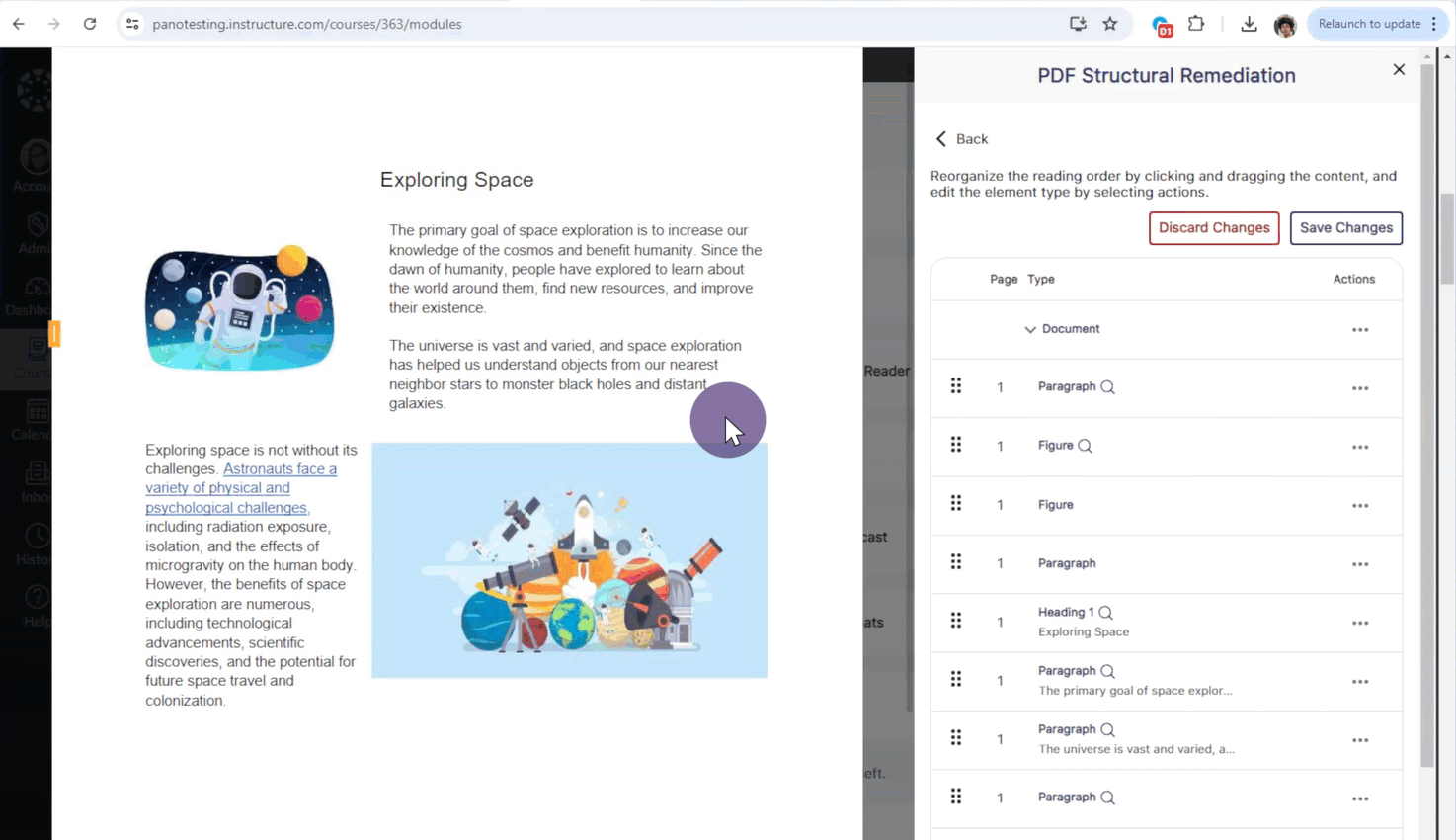 Elements are highlighted in the document as they are hovered over in the accessibility report.