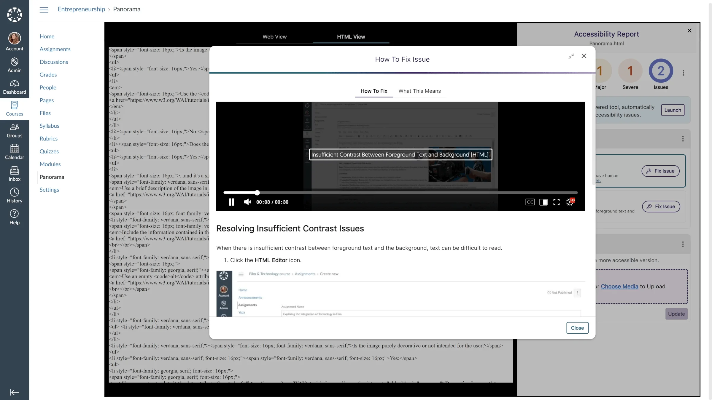 A How to Fix issue for Canvas is open in the Accessibility Report.