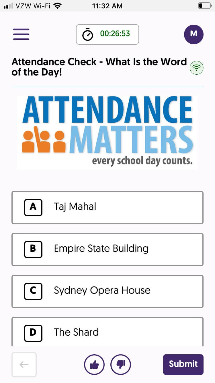 A word-of-the-day attendance quiz.
