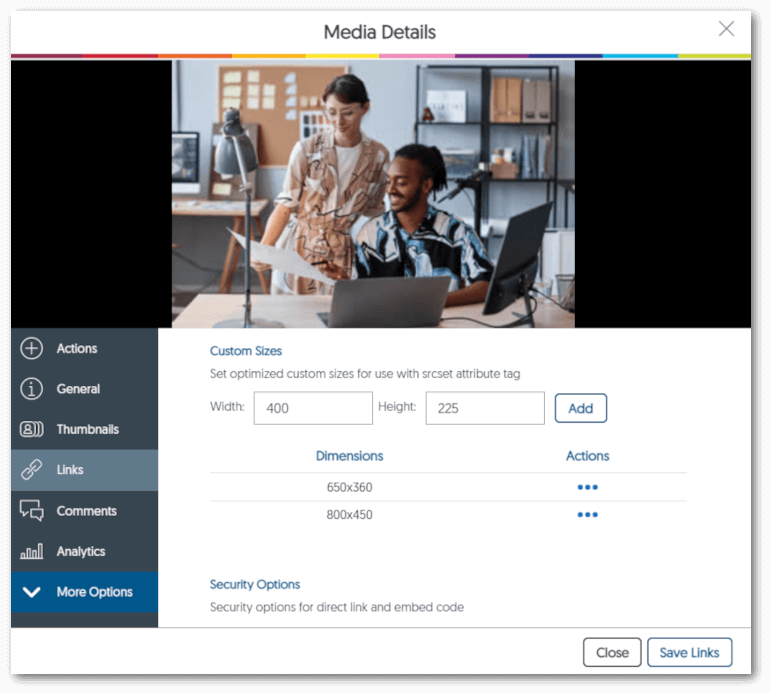 The links tab within Media Details for an image. Features various widths and heights for the image. 