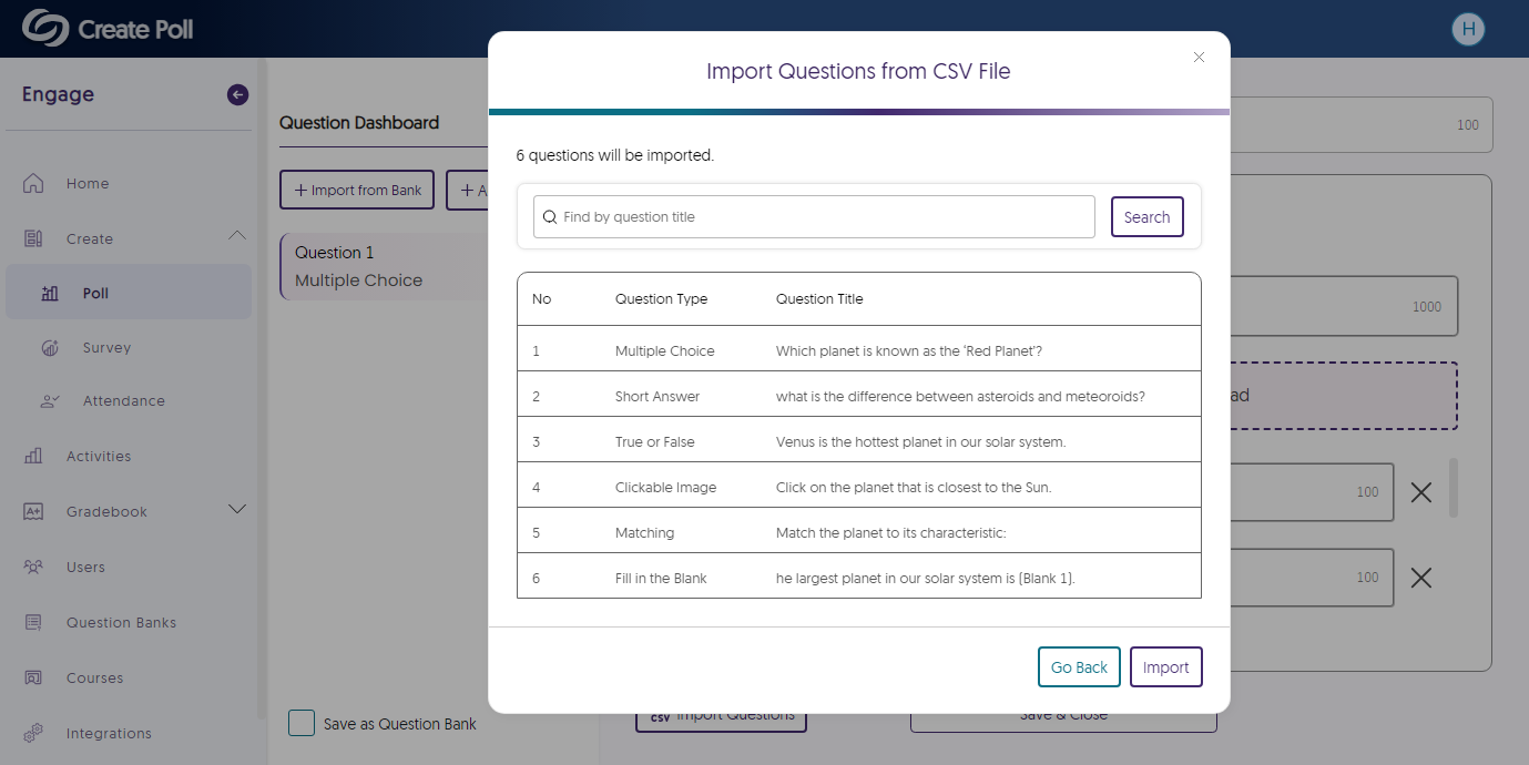 A modal shows questions that are ready to be imported. 