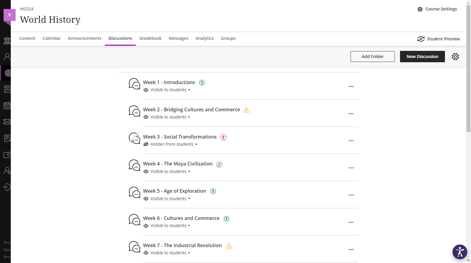 A course discussion board in the Blackboard LMS with an accessibility gauge and icons by files.