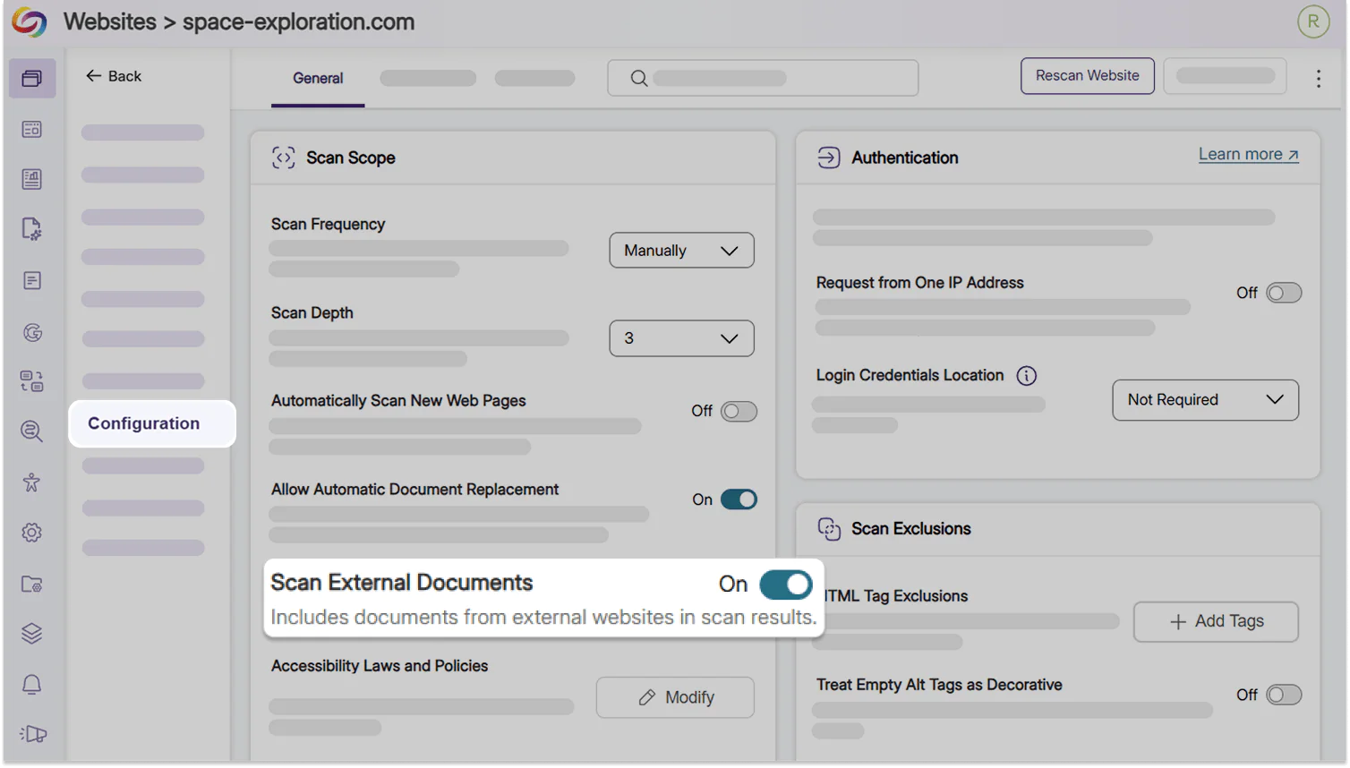 Mid-fidelity prototype of the Scan External Documents toggle in the configurations tab for each website in YuJa EqualGround.