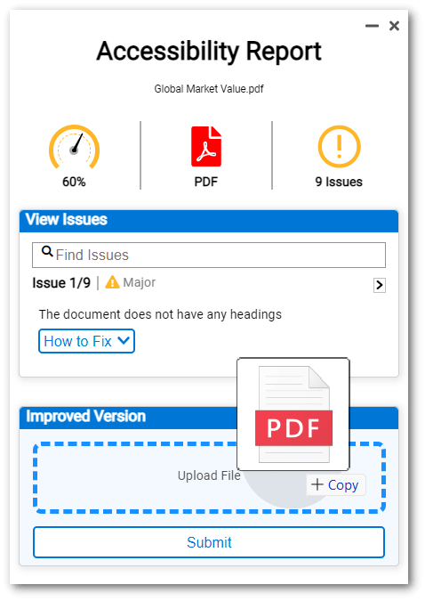 Panorama's Accessibility Report showcases a file being dropped into the Improved Version box.