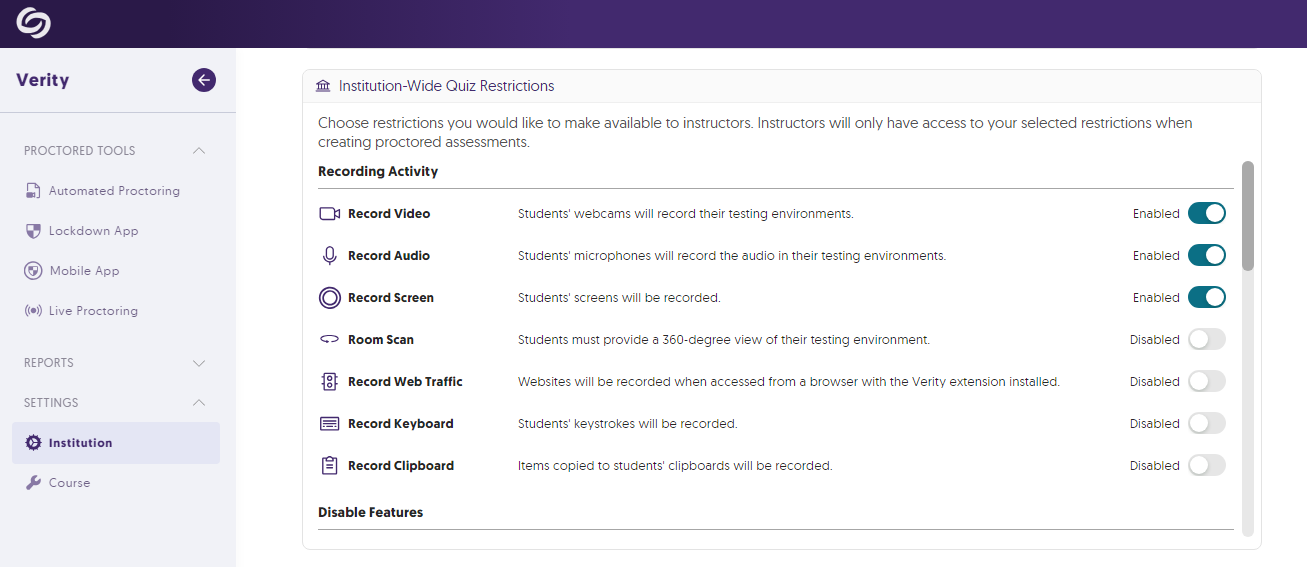 Institution-Wide Quiz Restrictions with various restrictions disabled. 