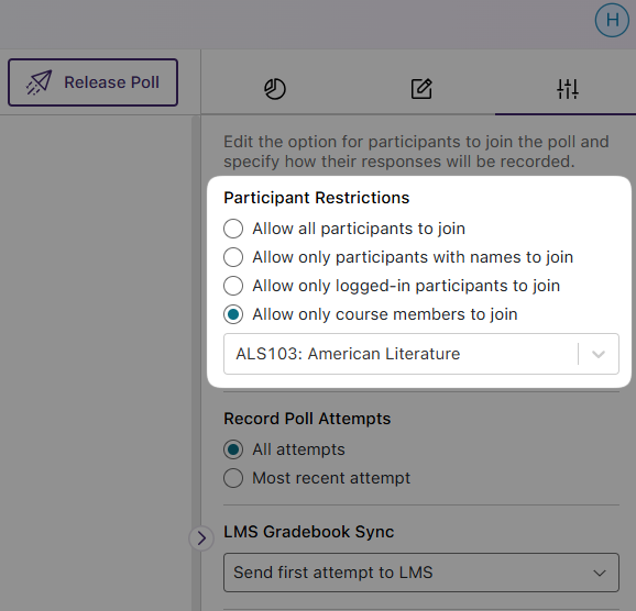 A view of the course creation page highlighting the Participant Restrictions options in the Activity Setting.