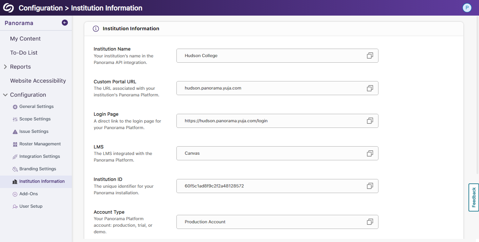 Panorama's Institution information page.