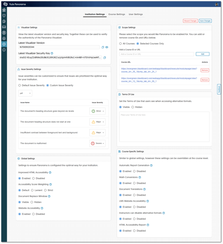 YuJa Panorama Institution Settings screen