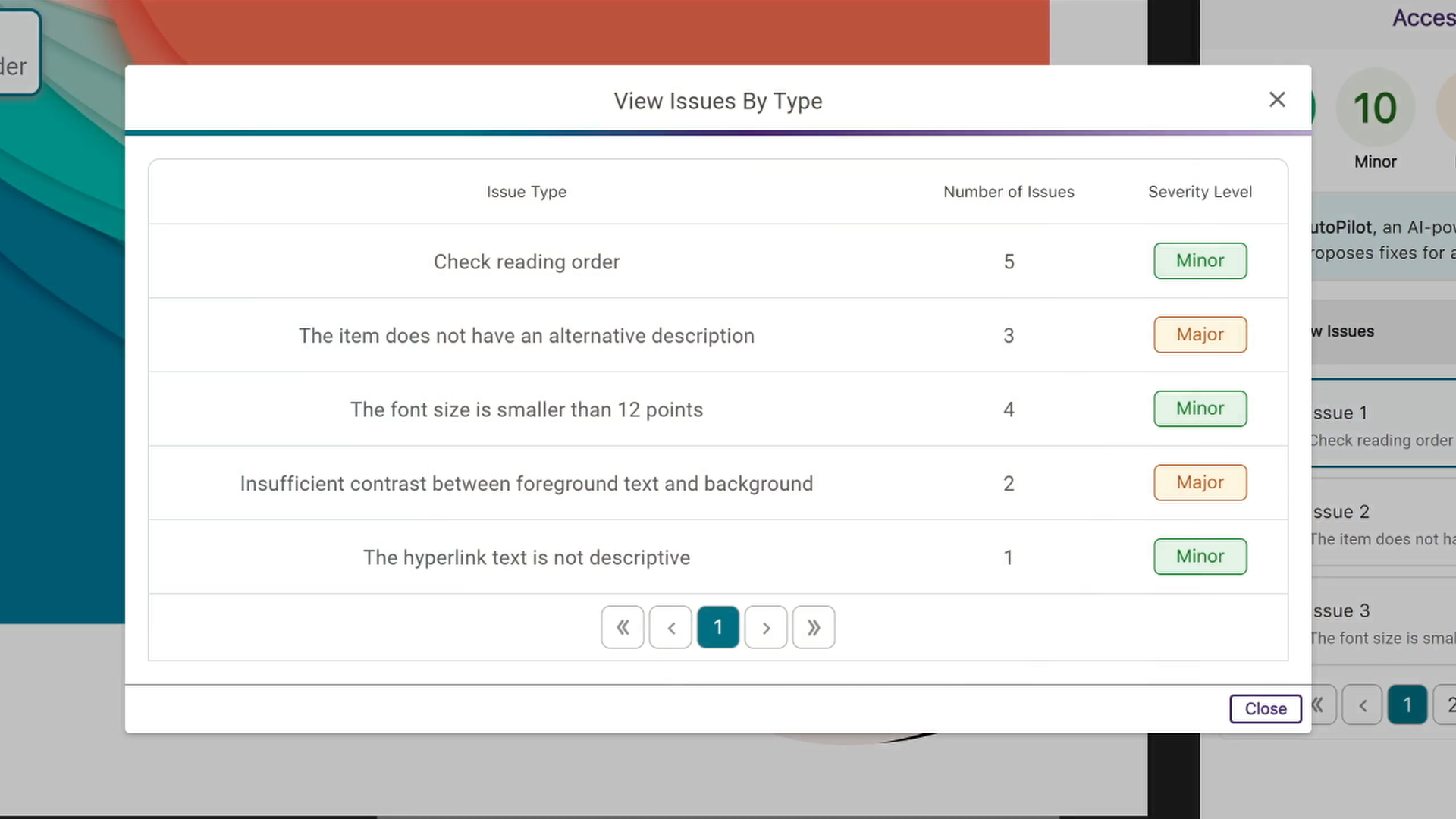 A modal showing issues by type,